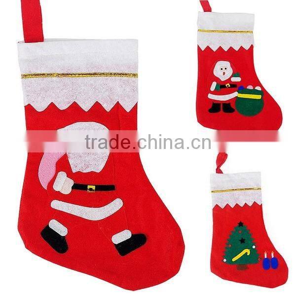 Polyester Xmas stocking holder wool felt Christmas sock with merry Christmas bell embroidered adorned Santa Claus head snowflake