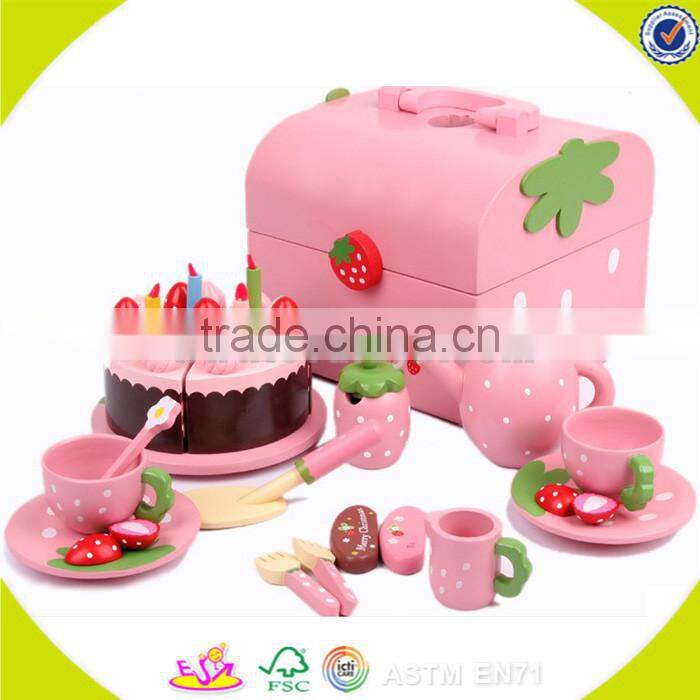 Wholesale hot sale high quality wooden tea toy set new popular pretend pink wooden tea set toy W10B048