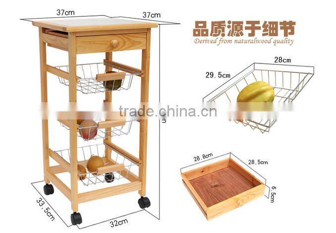 2016 good quality and competitive price wooden kitchen trolley with three metal wire brackets