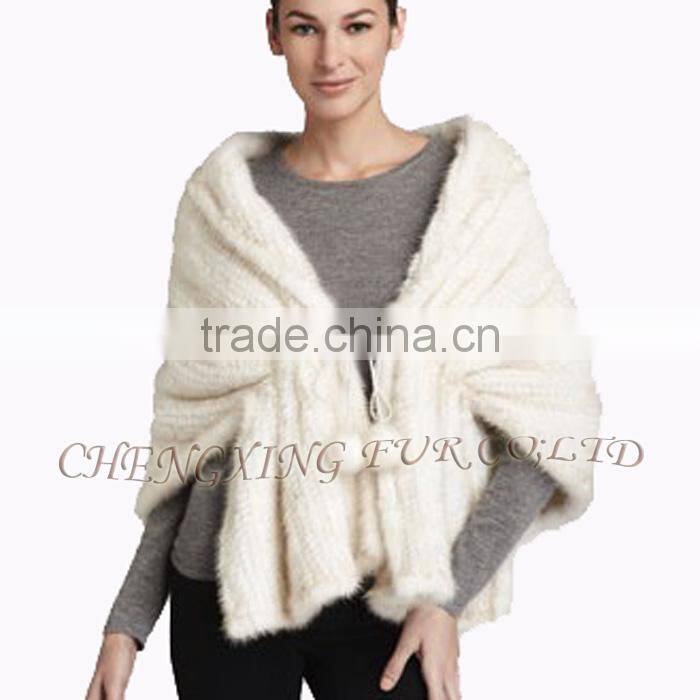 CX-B-M-107D Fashion Poncho Manufacturers White Knitted Mink Fur Shawl
