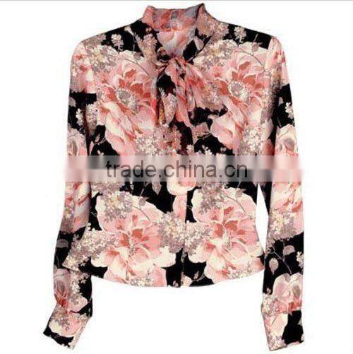 Women Flower Slik Long Sleeves Blouse