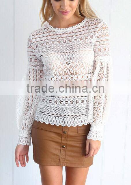 Runwaylover 118 Ladies 2017 Fashion Puff Sleeve Lace Transparent Blouse