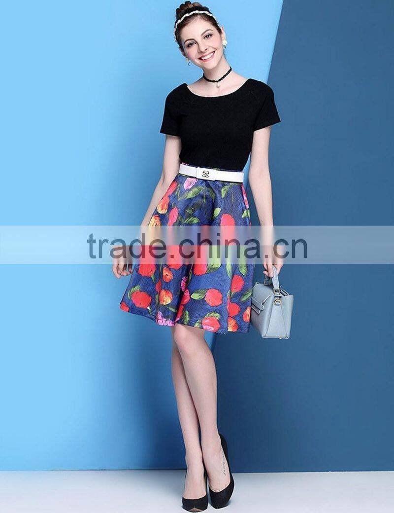 2016 little fresh knitted top and floral chiffon short sleeve A-line dress with waist belt