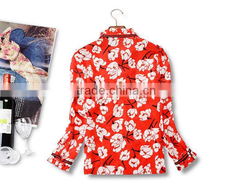 wholesale custom long sleeve silk blouse printing red floral high-necked daily top for ladies summer Blouse