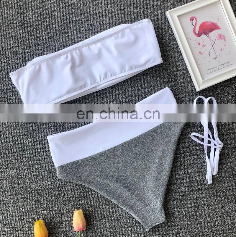 2019 Sexy Solid Glitter Two Piece Swimwear Women Bandeau Wrapping Push Up Swimsuit Mujer Off Shoulder New Padded Bikini