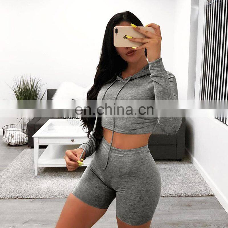 Manufacturer wholesale women's casual sexy hooded shorts sports fitness 2-piece suit custom hoodie crop top