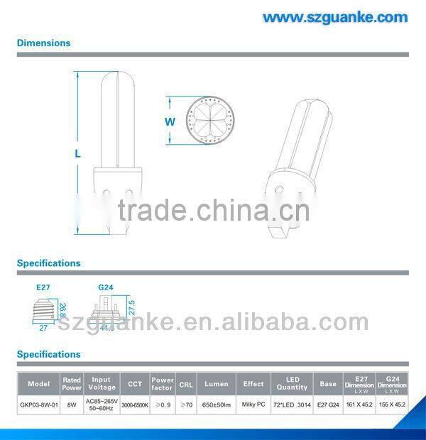 professional G23 G24 GX24 6w/8w 360 degree led plug/TC lamp