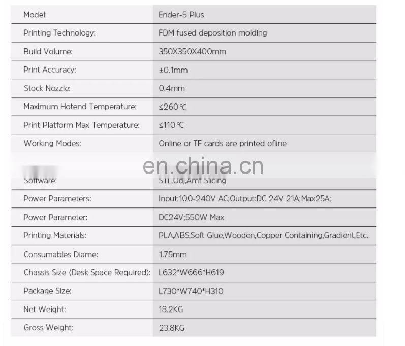 2019 Industry machinery creality ender-5 plus doll jewelry bracelet 3d home printer dental for filament 3d printing materials