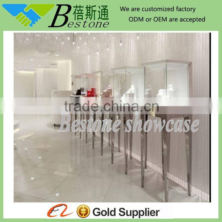 stainless steel glass tower display case, jewelry counter top displays for retail shop