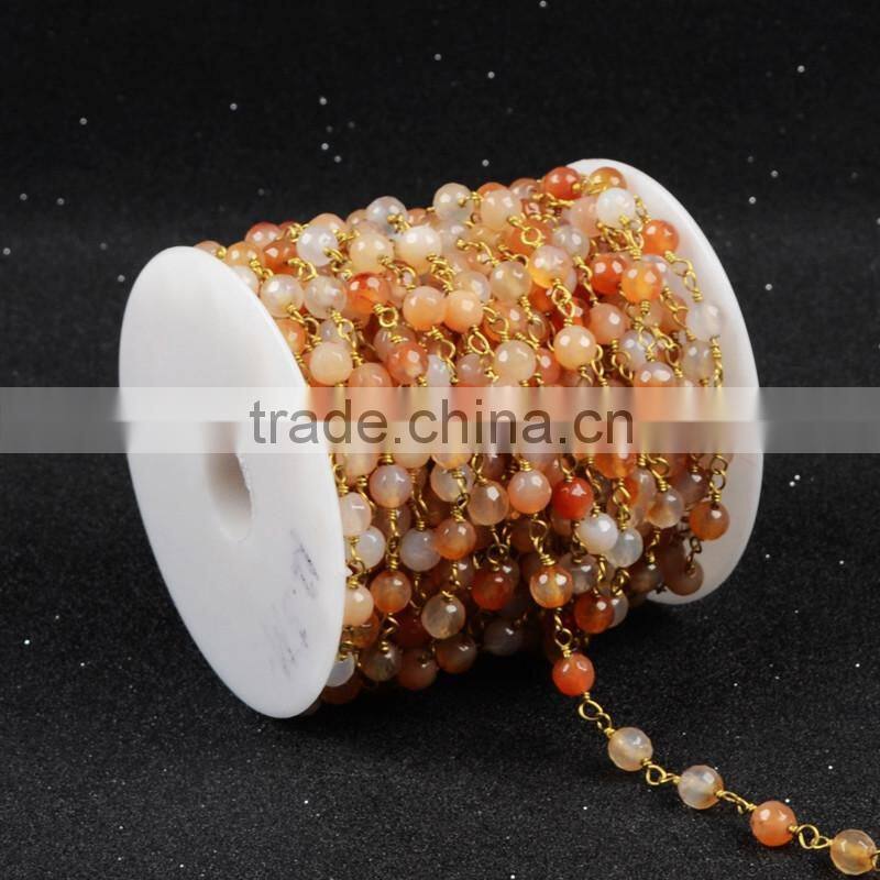 Gemstone Bead Chain Round Red Agate Bead Necklace Chain Wire Bracelet Chain Jewelry Making