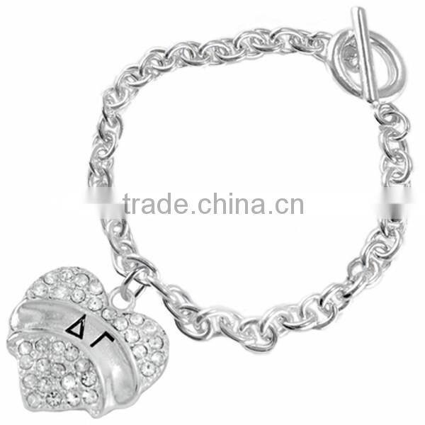 Genuine Austrian Clear Crystal "Delta Gamma" Greek Sorority Heart Charm Chain Link Bracelet