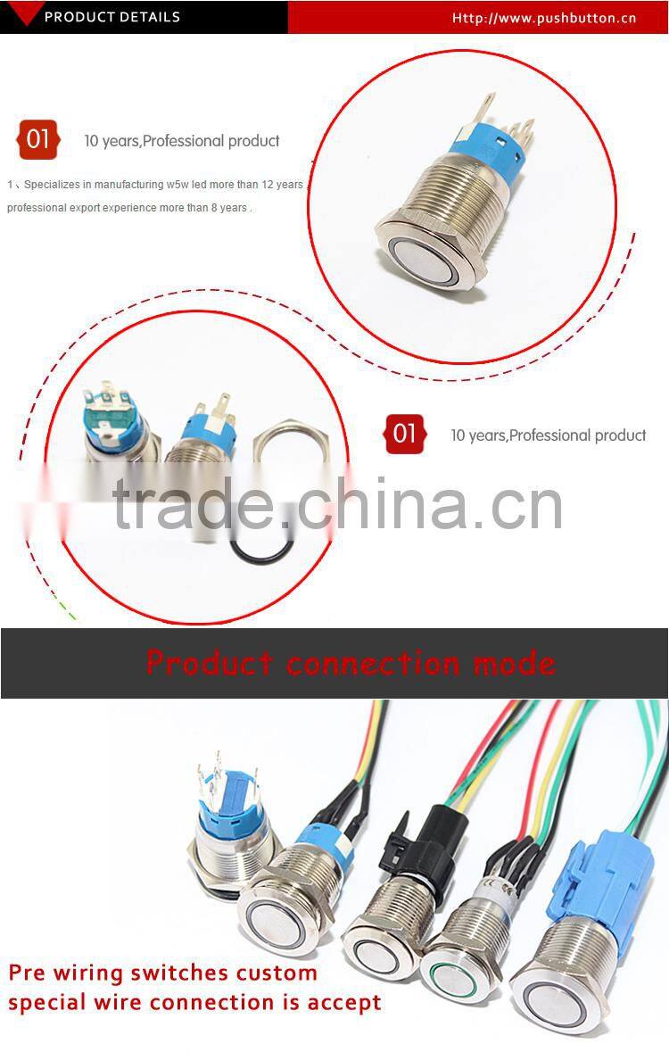 19mm stainless steel Flat Actuator electrical pushbutton switch with 6vdc ring Orange LED