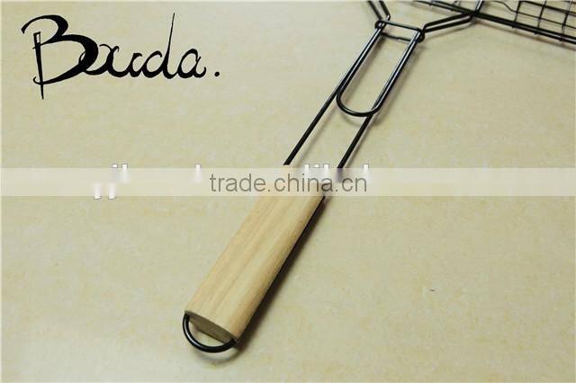 Stainless Steel Double Barebecue bbq Grill Net with wooden handle BD-B8100