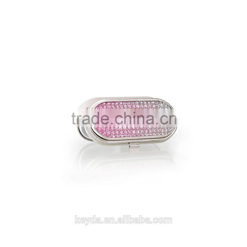 Exquisite fashion portable pill box with crystal and epoxy coating on the lid
