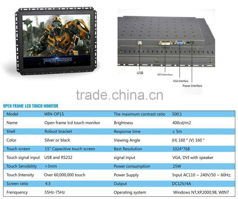 15" inch Industrial Open Frame Touch Screen Monitor with Capacitive 10 points touch / HDM.I USB VGA DVI