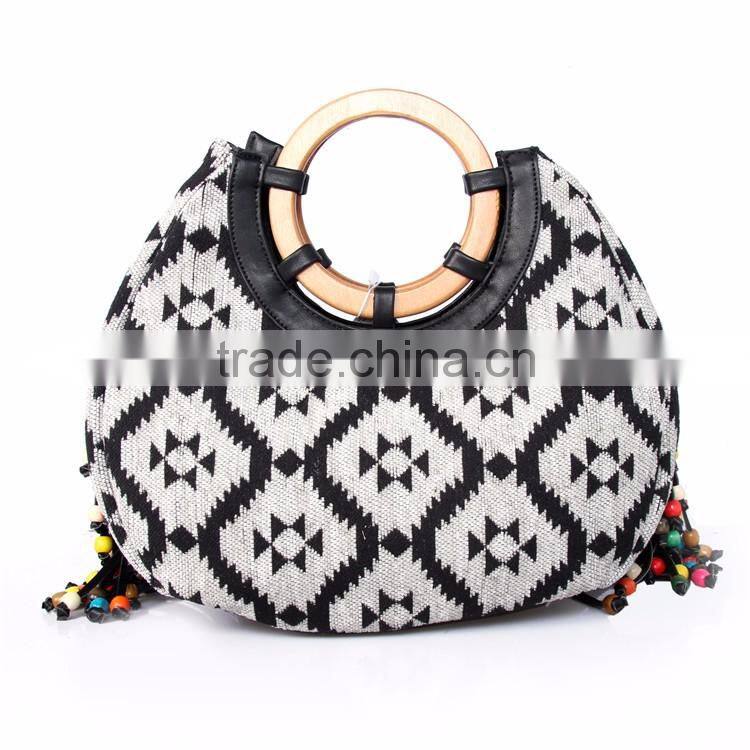 Ethnic Style Wood Bead Strap Multi-color Stripes Cloth Tote Shoulder Bag Handbag