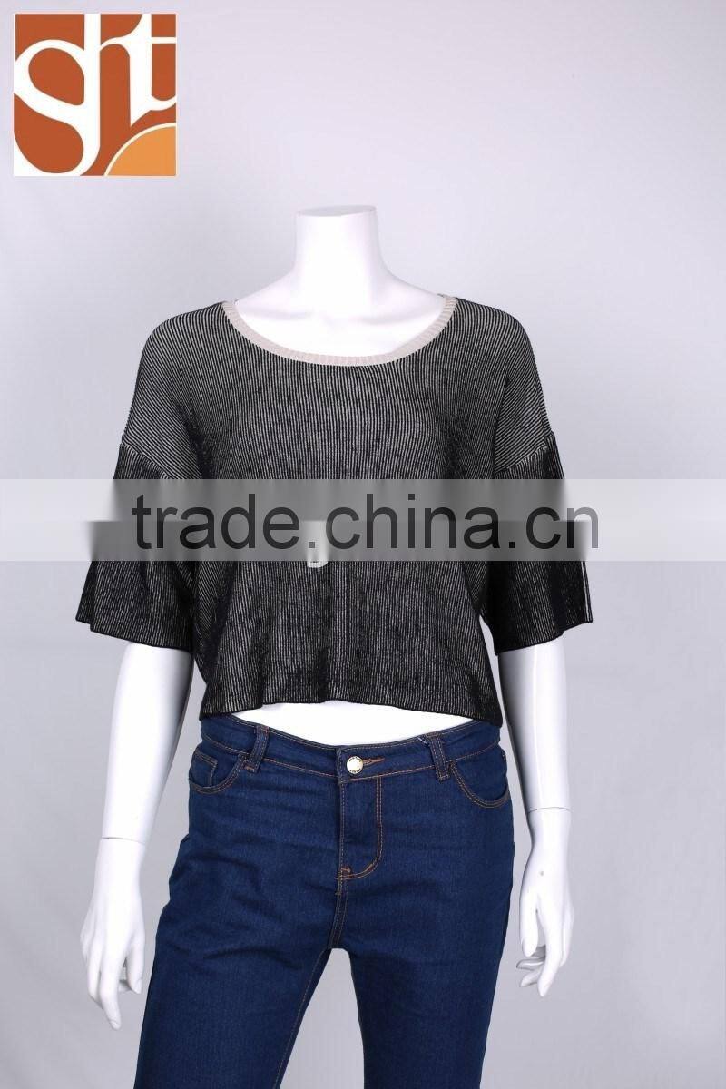 Alibaba export womens' boat neck drop shoulder 1/2 sleeve pullover knitted sweater with jacquard
