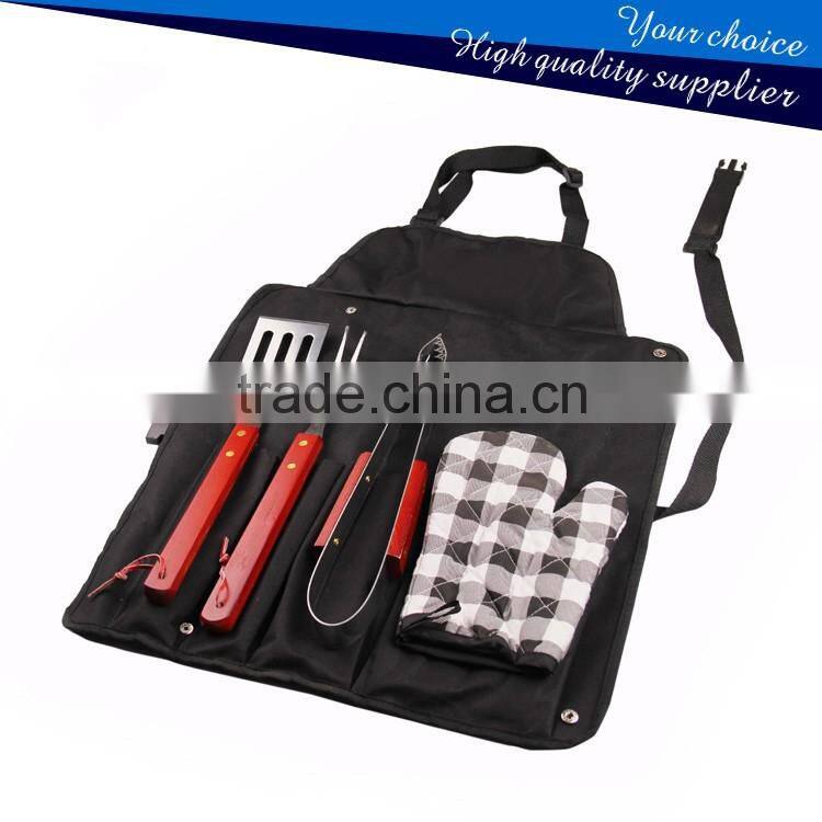 4PCS Wooden Handle BBQ Grill Tools Sets with black apron