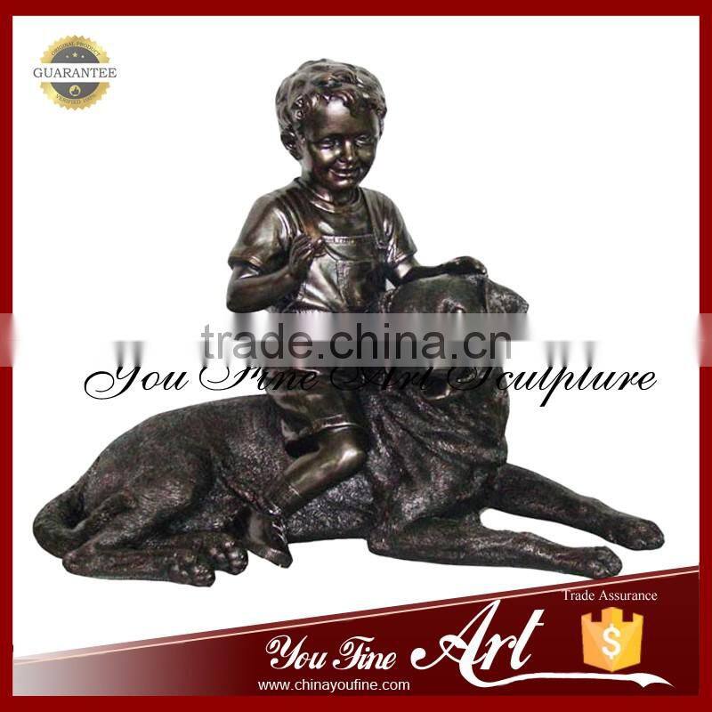Outdoor Decor Bronze Boy Child Statues With Dog Statue