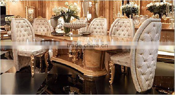 Luxury Button Tufted Upholstered Chair, Gilding Dinning Table For Eight People, Exquisite Wood Carved Dinning Room Furniture Set