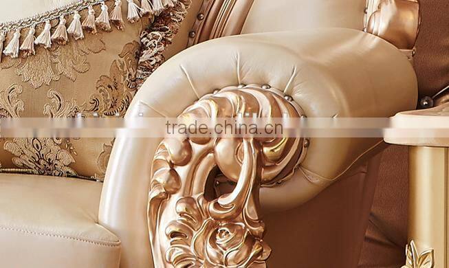 New design luxury solid wood gold painting genuine leather living room sofa set