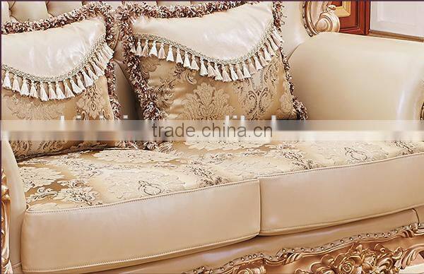 New design luxury solid wood gold painting genuine leather living room sofa set