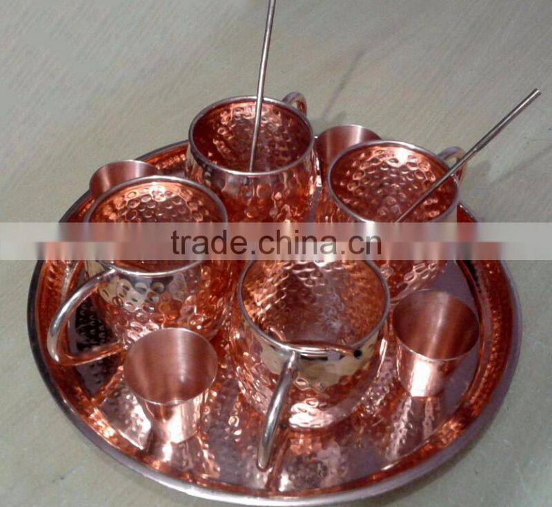100% COPPERTISAN BARREL HAMMERED DRINKING MUG FOR MOSCOW MULE WITH COPPER PLATTER