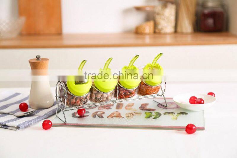 Set 4 Cheap Clear 6oz Glass Spice Jars with Decorative Lid in Metal Rack