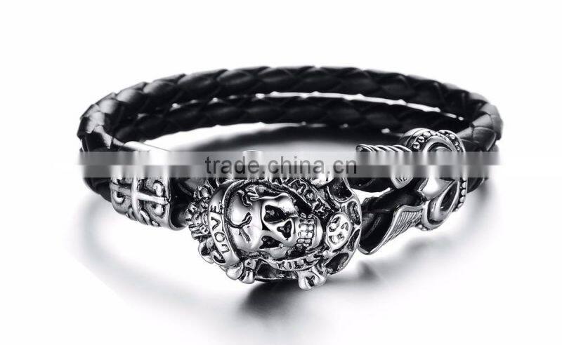 New trending skull style stainlesss steel genuine leather bracelet men