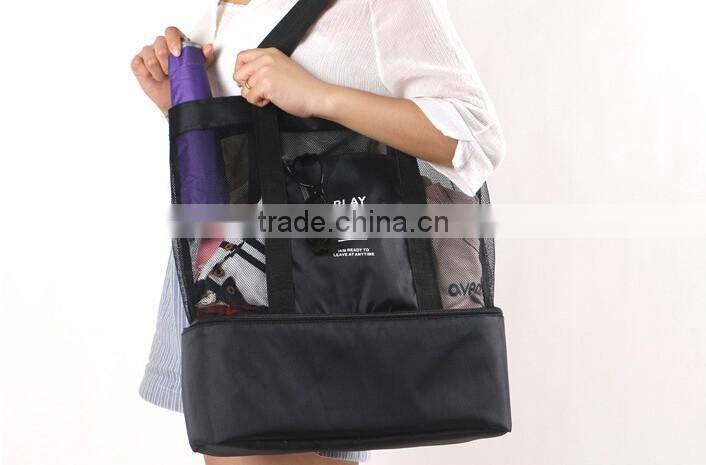 Custom Mesh beach tote bag / ice cooler bag with insulated compartment