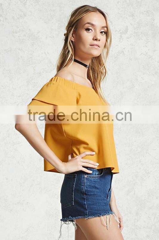 Woman Off The Shoulder Yellow Short Puff Sleeve Latest Blouse Designs
