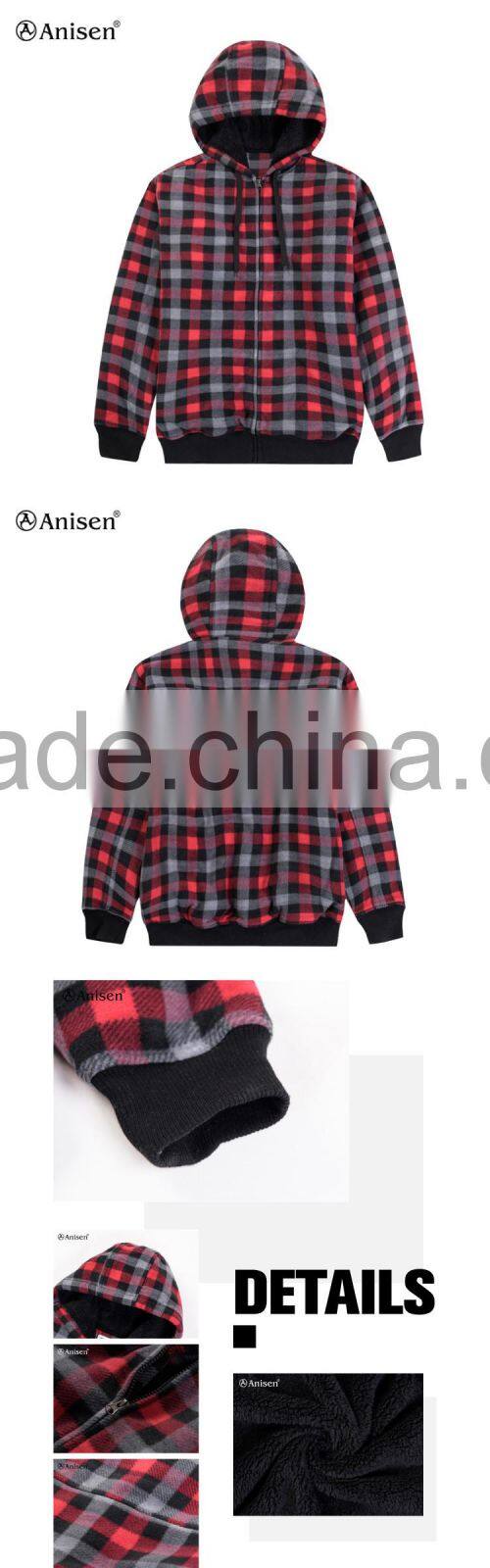 2017 oem service factory windproof plaids warm bomber men polar fleece coat