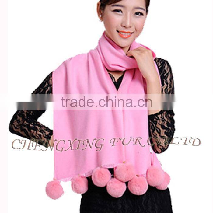 CX-B-P-42D Women Winter Genuine Mongolian Sheep Rabbit Fur Trim Pashmina Shawls With Fur