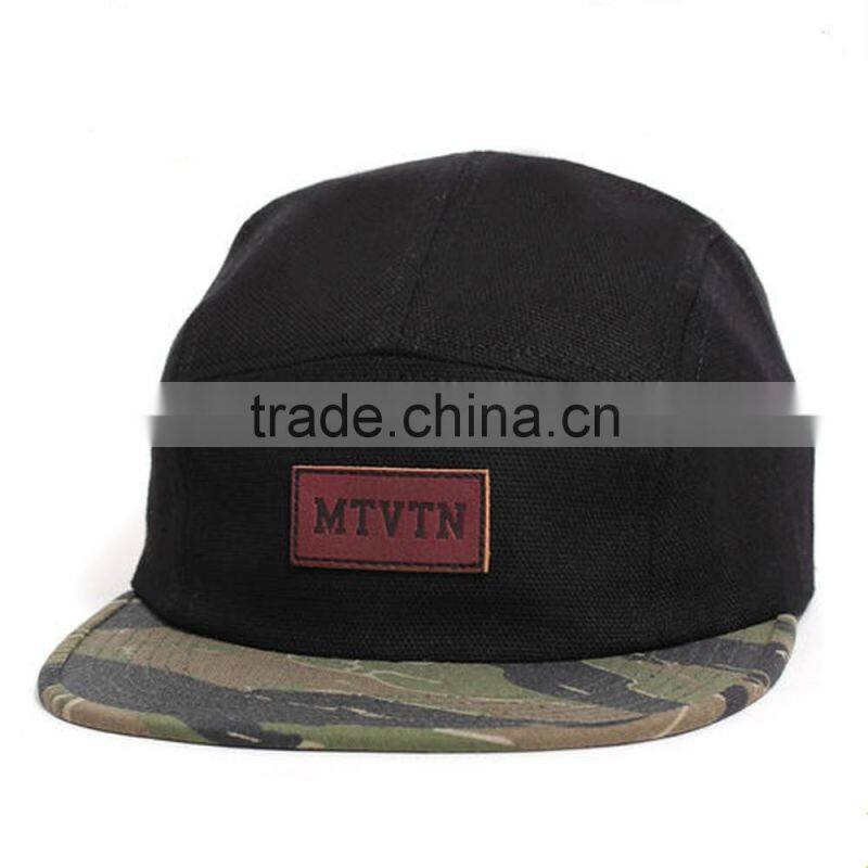Plain design your own 5 panel hat cap leather patch 5 panel hat wholesale