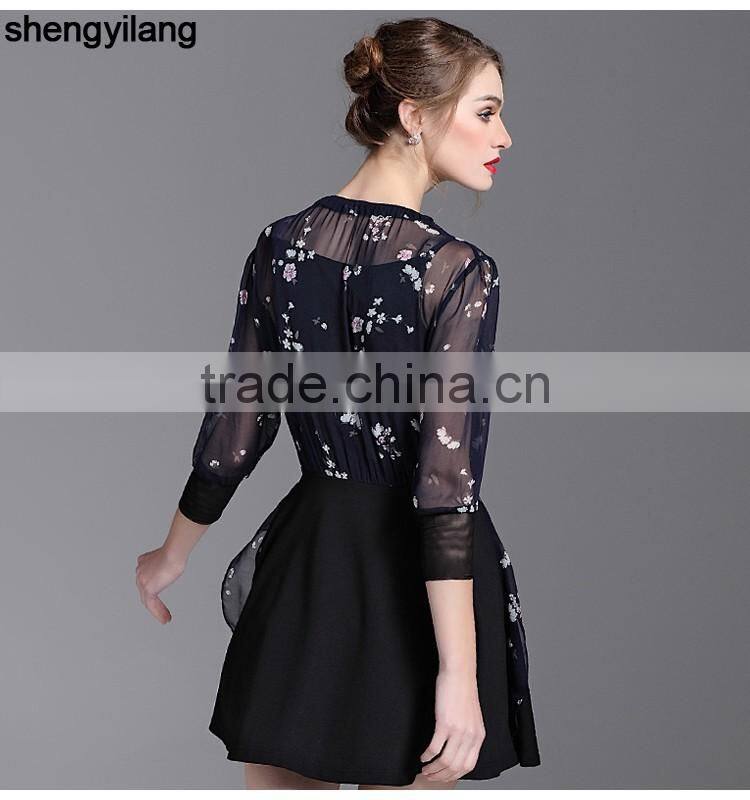 ladies black see-through silk elastic neck dress women's apparel