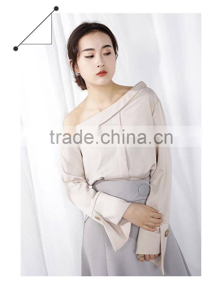 2017 autumn new style chiffon sexy collar diagonal shoulder long sleeve fashion blouse chiffon shirt