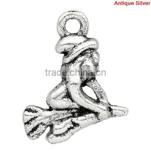 Antique Silver Halloween Ornaments Witch Flying On Broom Charm Pendants 16x14mm