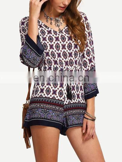 China Factory Wholesale Fashion Design Tribal Print Tassel-Tied Romper Women