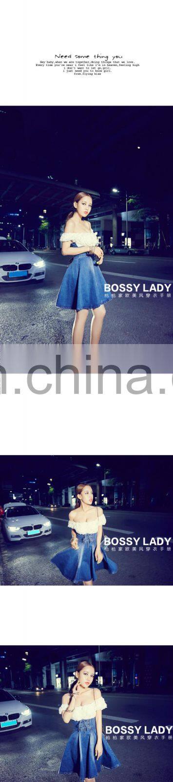 2015 hot sexy lace fashion design dress denim skirt two pieces set dress off shoulder wholesale order