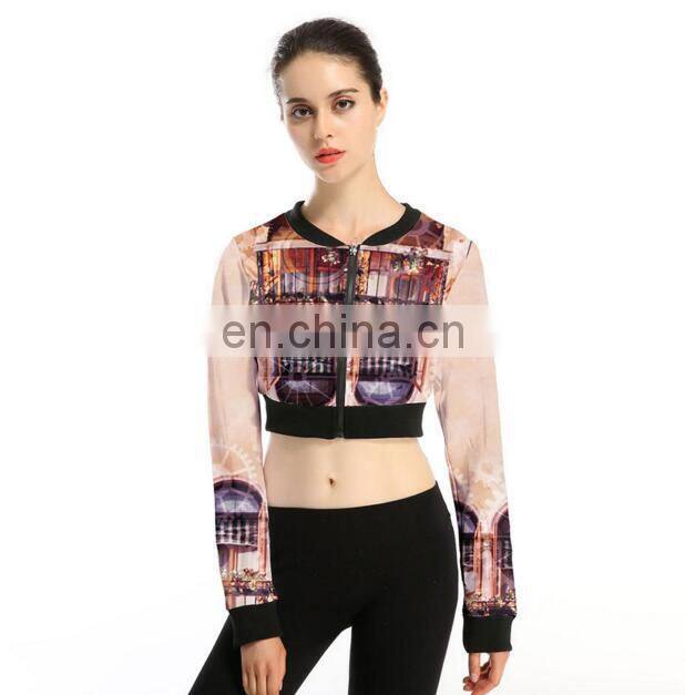 Women fashion printing pattern polyester jacket cool long slevee zipper jacket for women