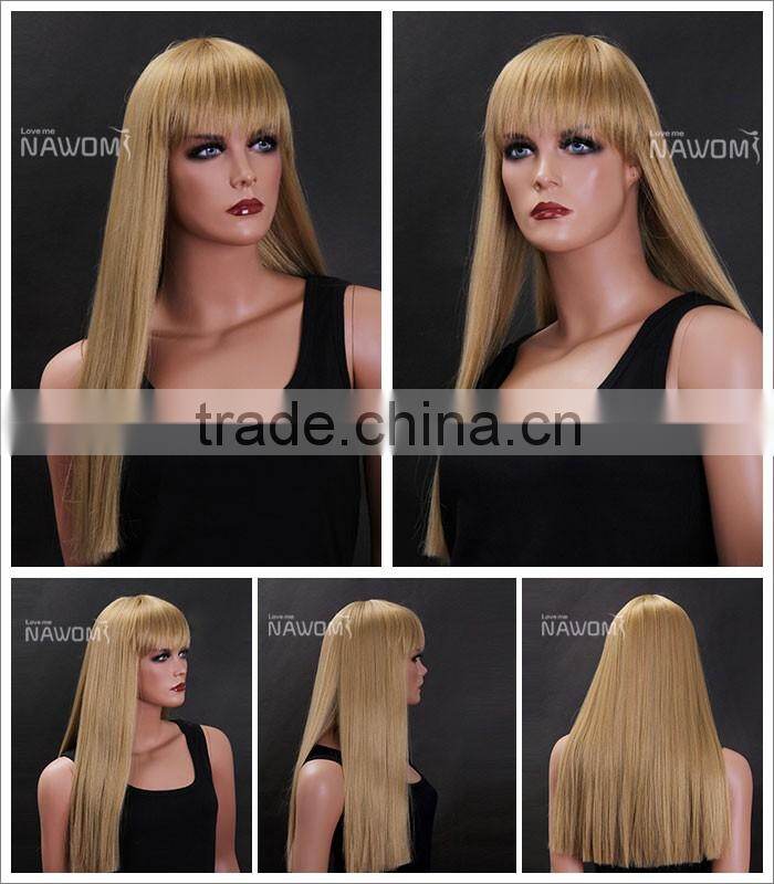 golden long straight hair neat bang wigs