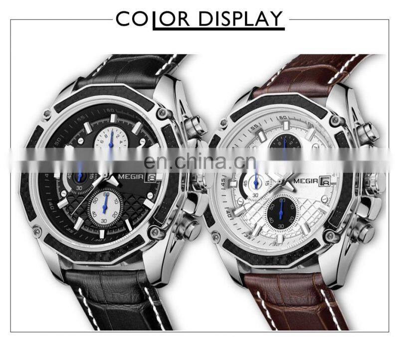 MEGIR 2015 Men Leather Strap Analog Chronograph Calendar Wrist Watch Military Sport Men Wristwatch