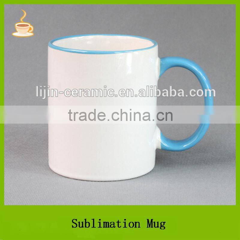 White coated with color handle and rim on the mouth cheap sublimation ceramic mug, T/T