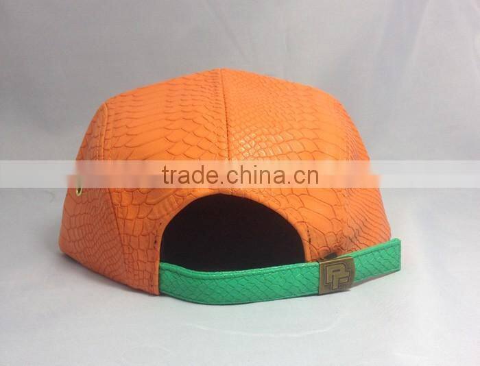 Custom Gold Metal Plate 5 panel hat Orange Crocodile Leather Watermelon Snapback hats