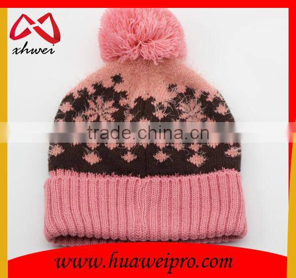 White and black dot jacquard beanie with top ball custom design slouchy hat cap