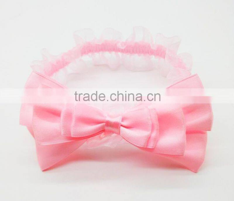Satin layered bow lace headband for baby,cheap handmade soft headbands