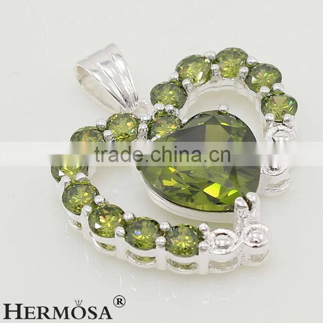 Shiny Green Olive Peridot 925 Sterling Silver Heart Design Necklaces Pendants 1 1/4 inch F494