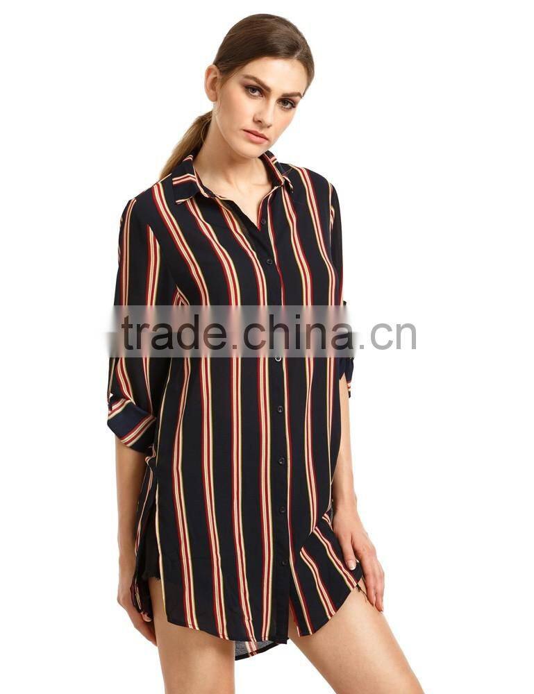 seller factory 2016 fall stripe button down long dress shirt design for women