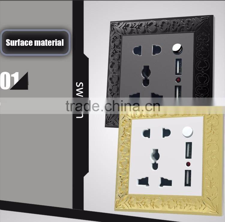 2015 NEW design British standard Zinc alloy10A 250V 5pin MF socket with 2USB wall sw