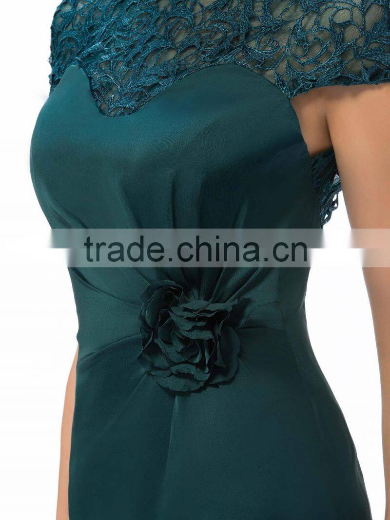 2015 Hot Sell Satin Cap Sleeves High Collar Lace Mermaid Elegant Knee Length Mother of the Bride Dress (DVMD-1256)